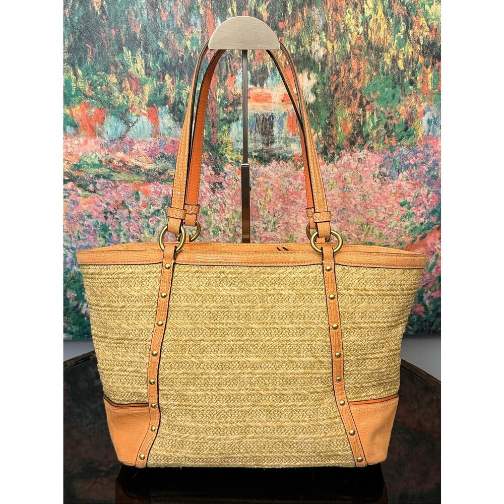 GUC Coach F21959 Alexandra Python Straw Tote in Natural/Coral - Picture 2 of 12